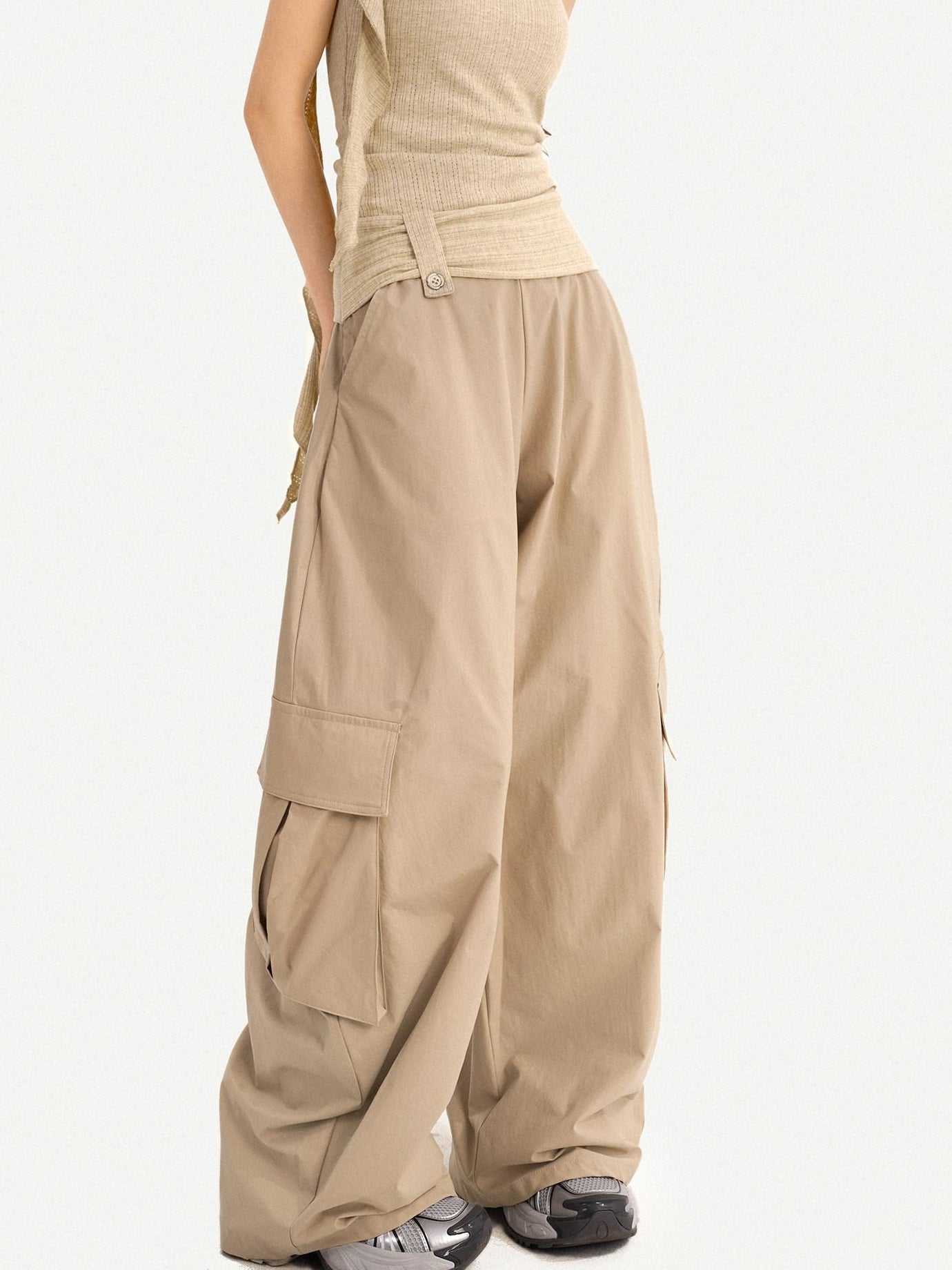 Nico Molly High Waist Khaki Loose Straight Leg Pockets Button Fly Casual Women Cargo Pants
