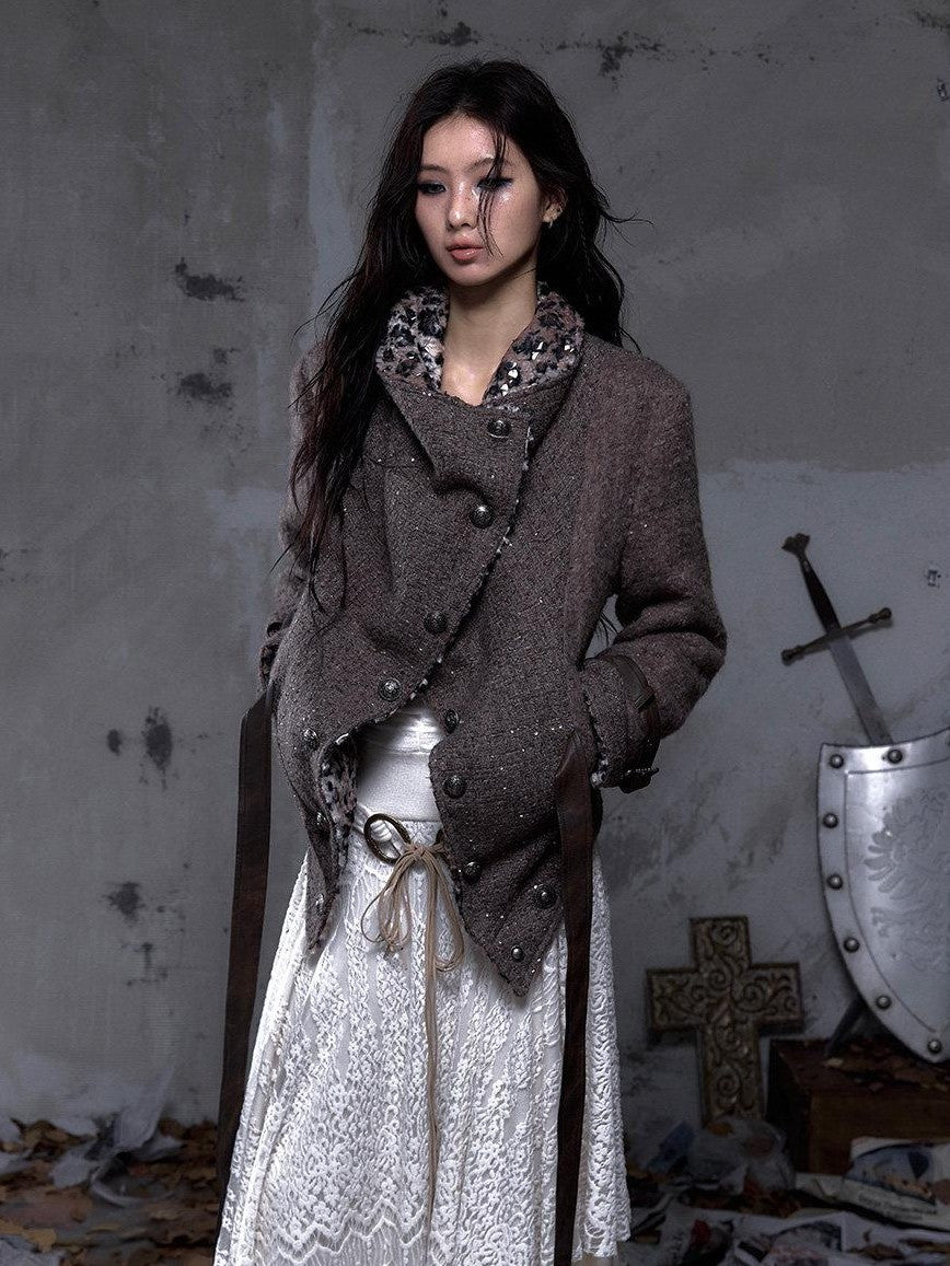 NO ROMANCE Leopard Print Patchwork Reversible Lapel Women'S Boucle Tweed Plush Short Coats