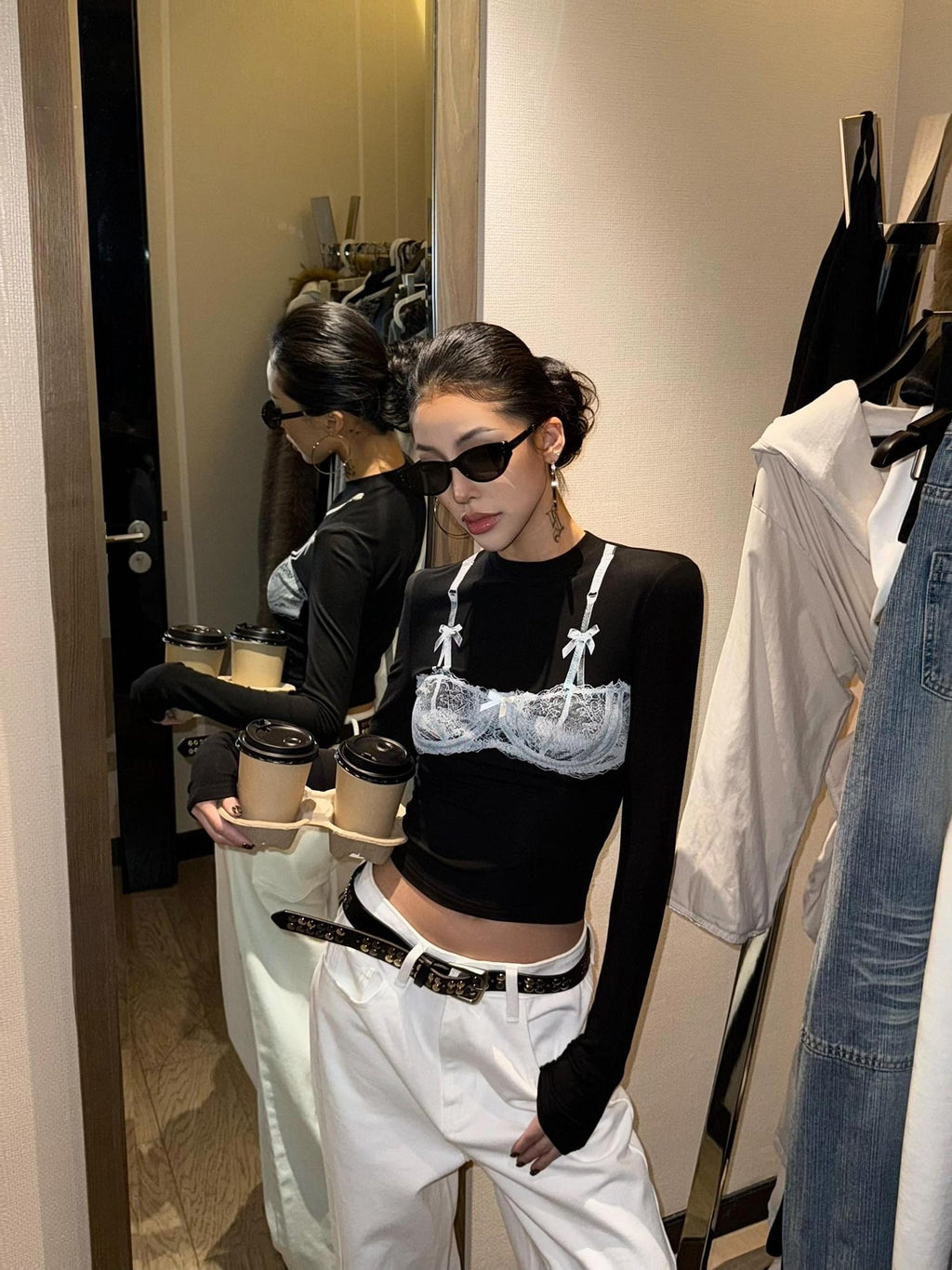ZERO Lyocell Knit Slim Fit Mock Layered Crew Women Black Long Sleeve Crop Tops