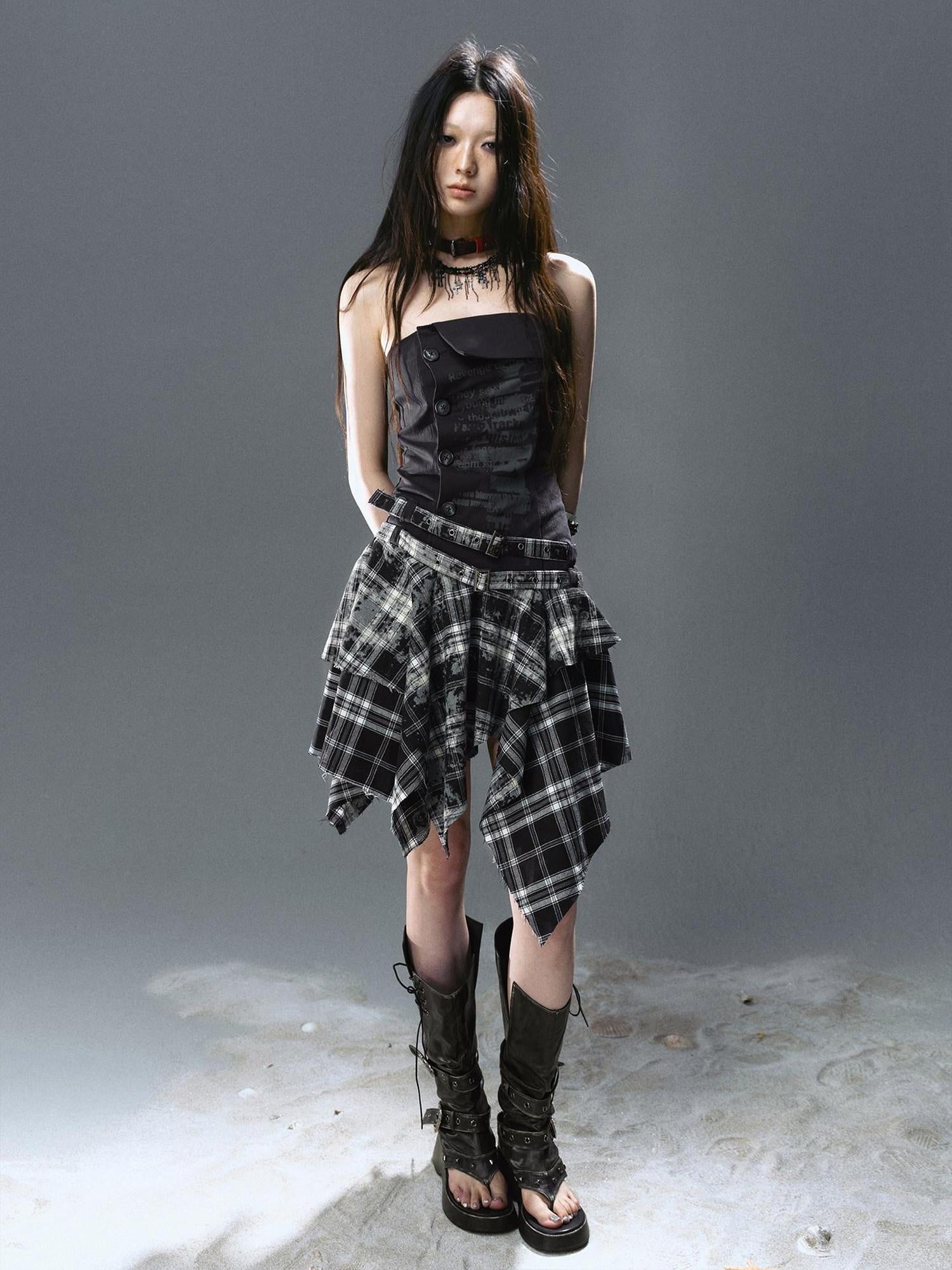 Cest Nous Strapless Asymmetric Print Cinched Waist A Line Cotton Street Style Minidresses