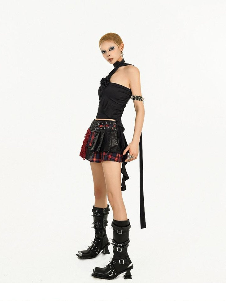Nico Molly Edgy Punk Pleated Patchwork Zipper Mid Waist Women Citywalk Red Mini Skirts