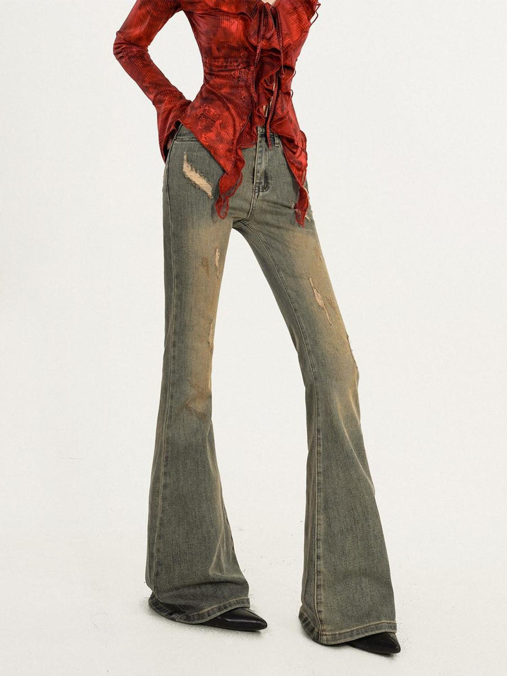Nico Molly High Waist Retro Blue Distressed Slim Grunge Stretch Flared Jeans