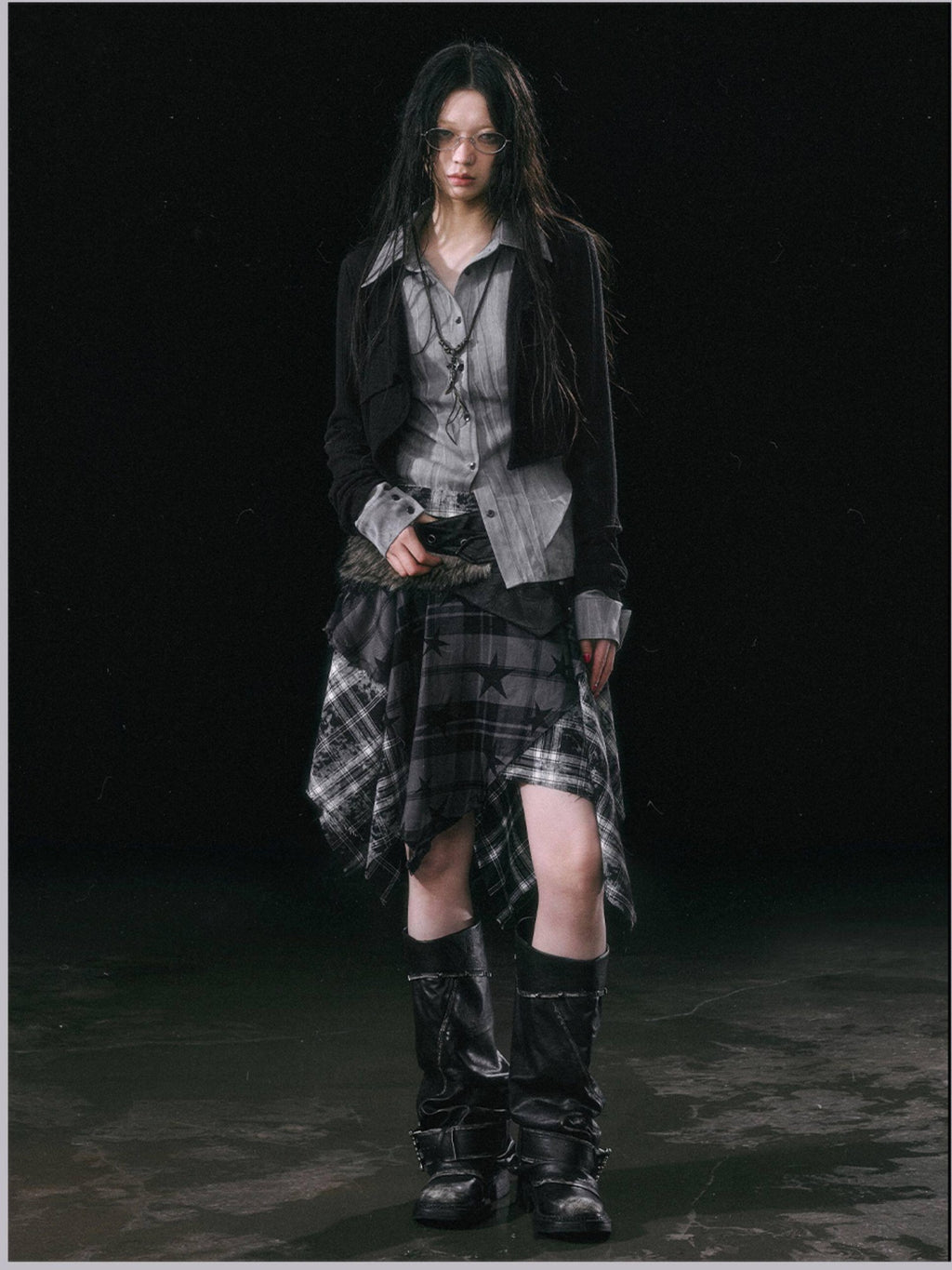 Cest Nous Patchwork Asymmetrical Punk Plaid A Line Mid Waist Women Cotton Midiskirts