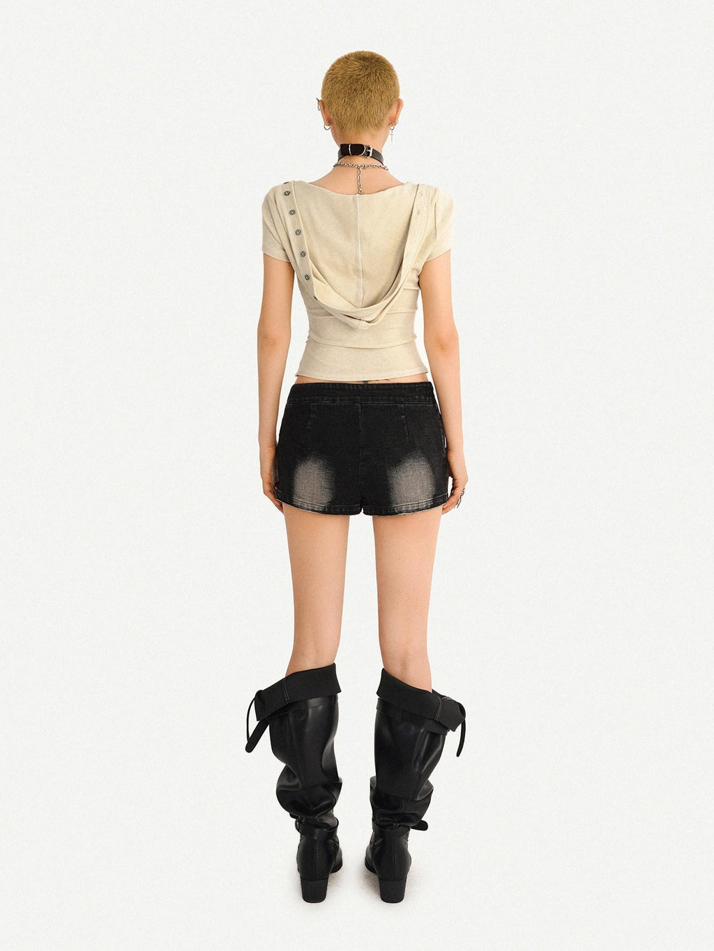 Nico Molly Cinched Waist Lace Skull Punk Faux Two Piece Cropped Women Off White Hoodie