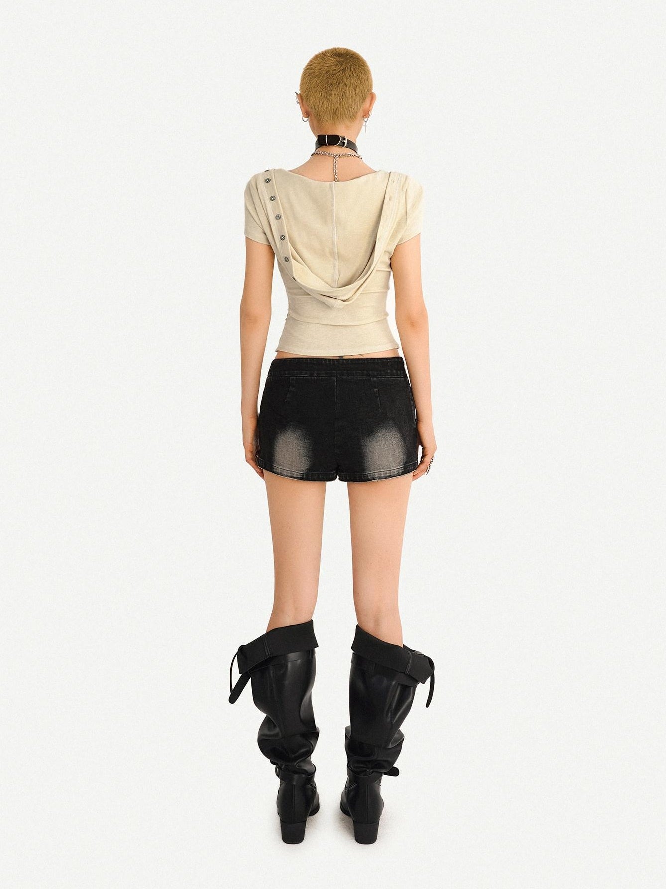 Nico Molly Cinched Waist Lace Skull Punk Faux Two Piece Cropped Women Off White Hoodie