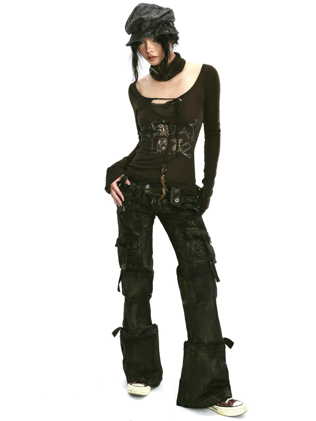OPEN AESTHETIC Studded Leather Patch Creative Letter Print Slim Fit Women Long Sleeve T-Shirts