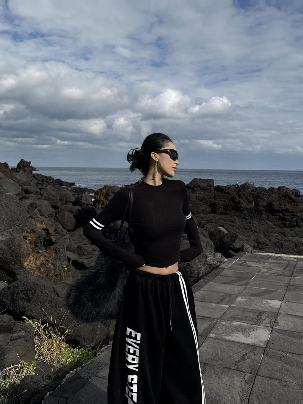 ZERO Soft Lyocell Knit Long Sleeve Slim Casual Women Black Basic Crop Tops