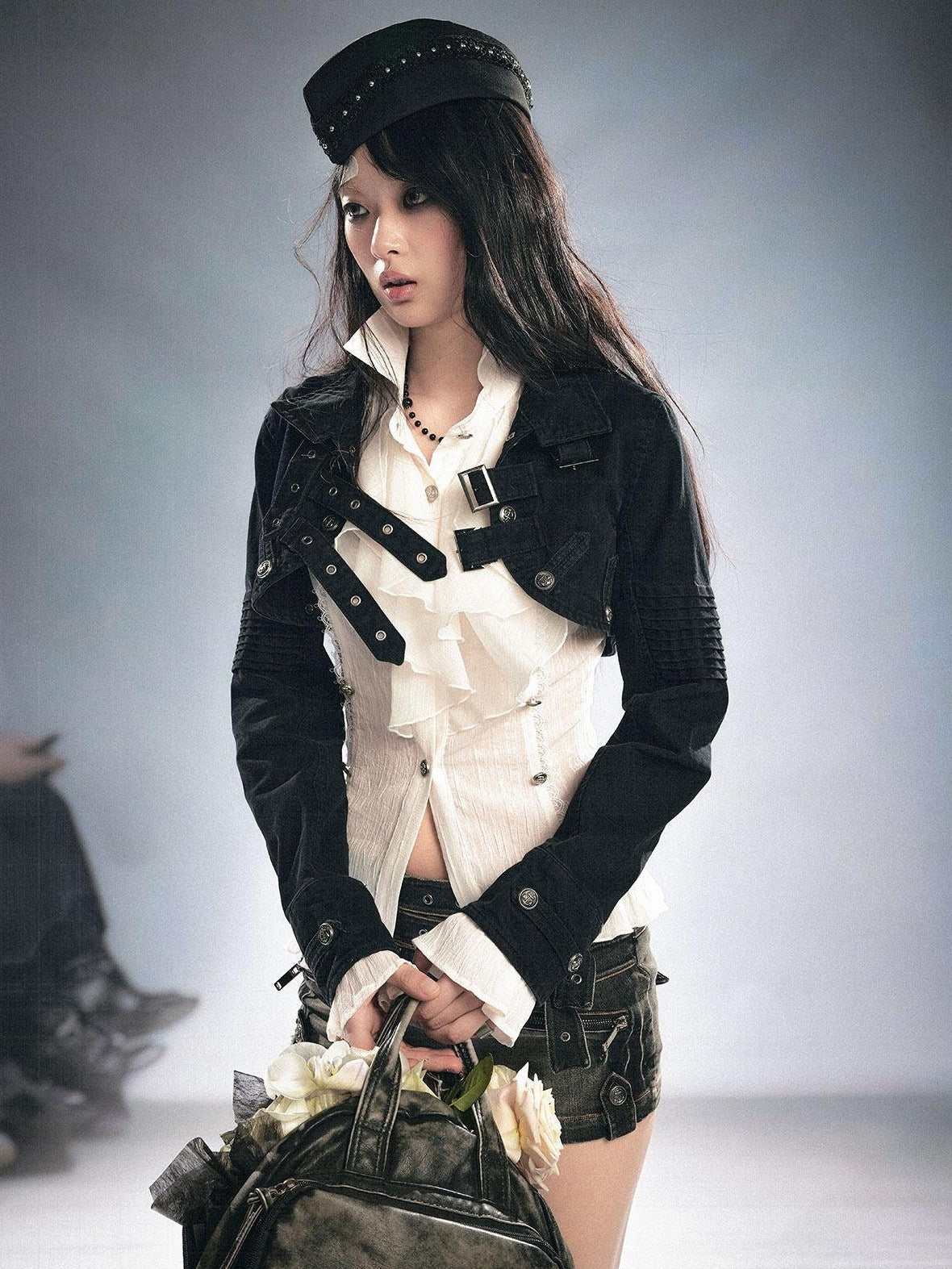 Cest Nous Detachable Punk Long Sleeve Zip Front Women Cotton Black Croppedjackets