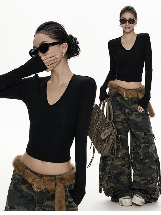 ZERO Soft Viscose Knit Slim Fit Casual Cropped Women Long Sleeve T-Shirts