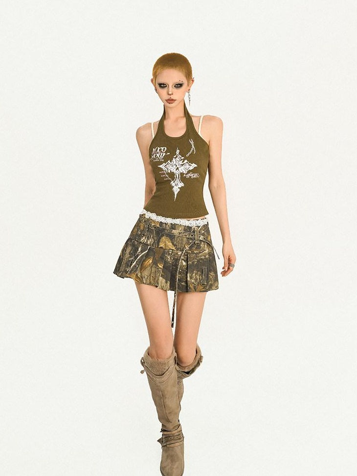 Nico Molly Original Halter Slim Fit Padded Women Y2K Olive Letter Print Camisoles