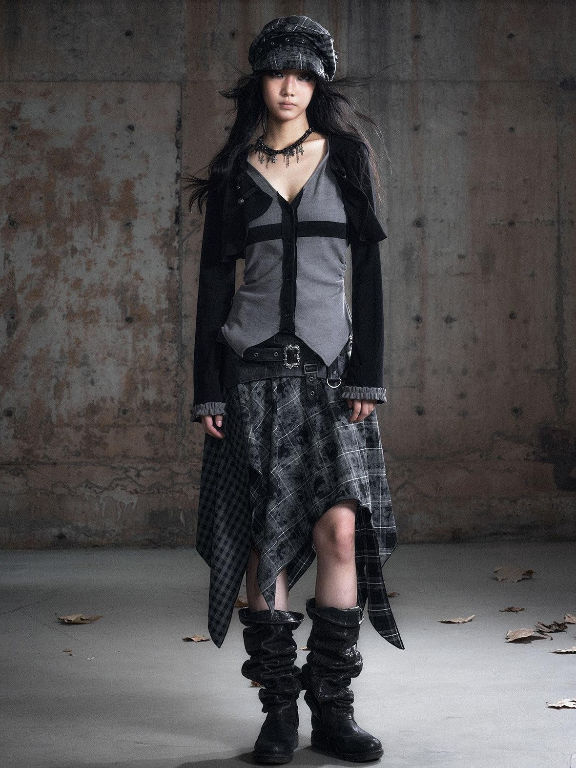 Cest Nous Slim Hooded Patchwork Knit Punk Long Sleeve Open Front Women Black Gray Blouses