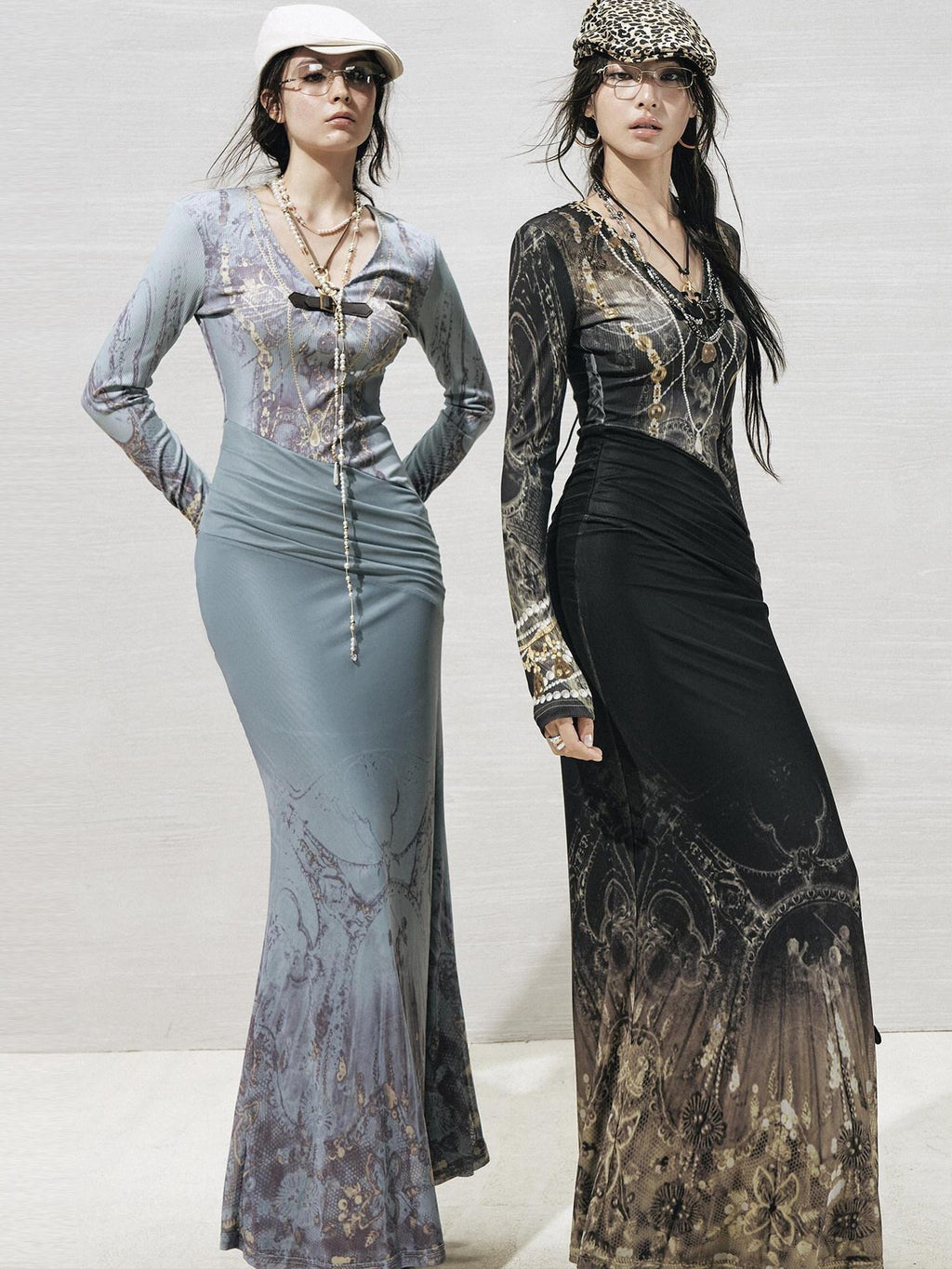 OfAkiva High Stretch High Waist Vintage Floral V-neck Long Sleeve A Line Maxi Dresses