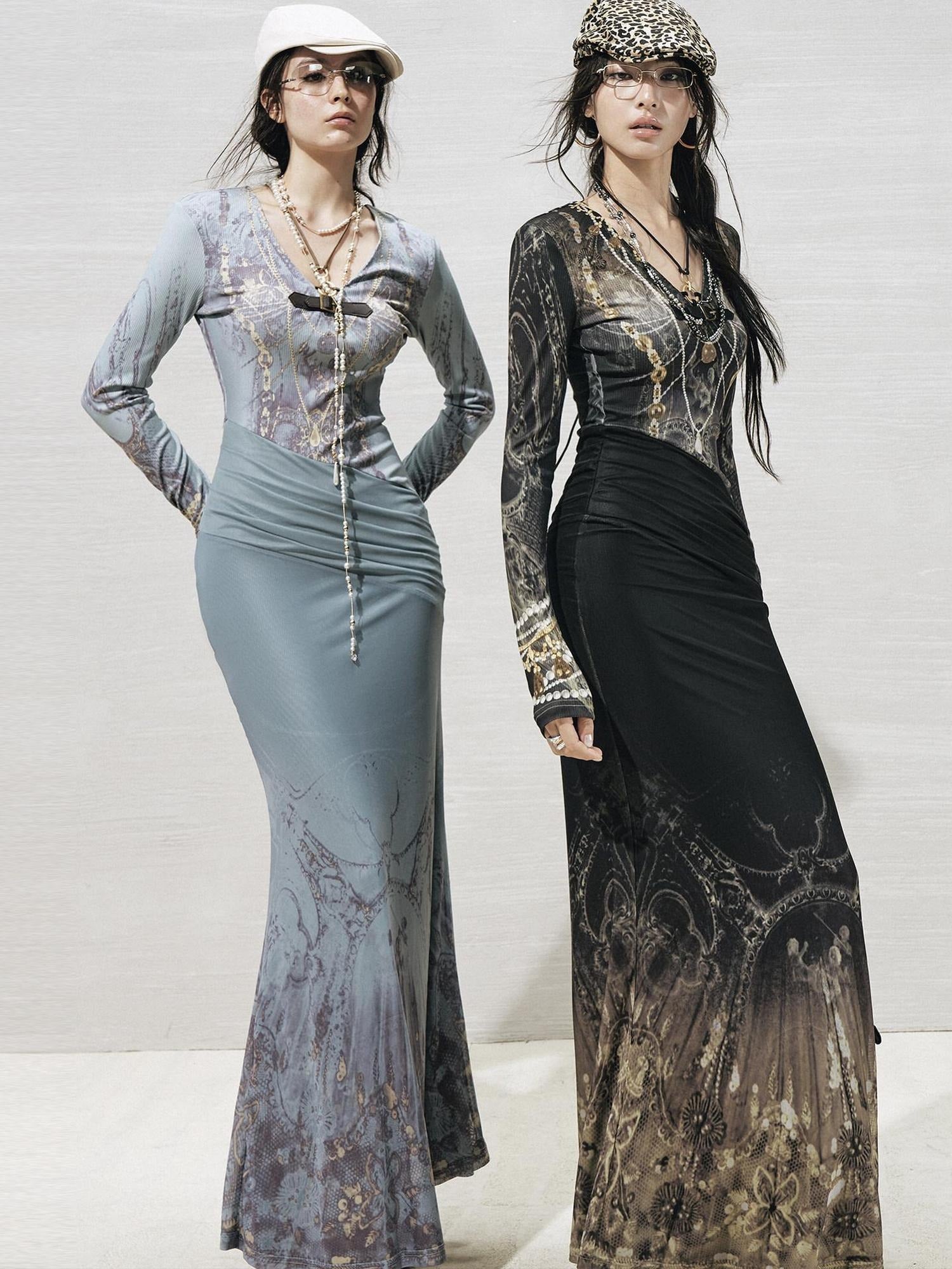 OfAkiva High Stretch High Waist Vintage Floral V-neck Long Sleeve A Line Maxi Dresses