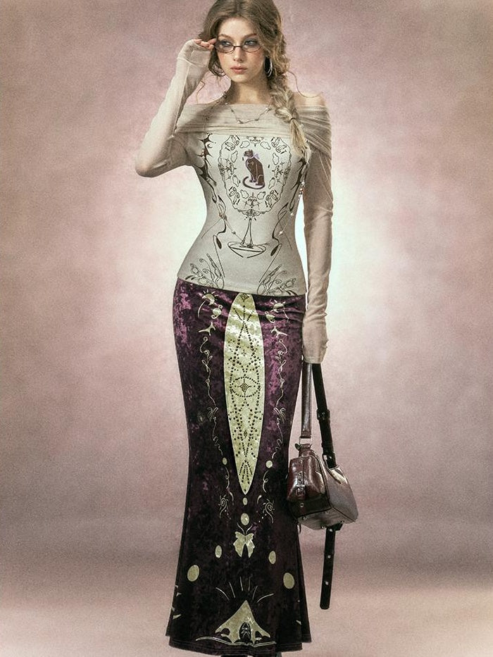 OfAkiva Sequin Spliced Slim Fit Sexy Bardot High Waist Women Long Sleeve T-Shirts