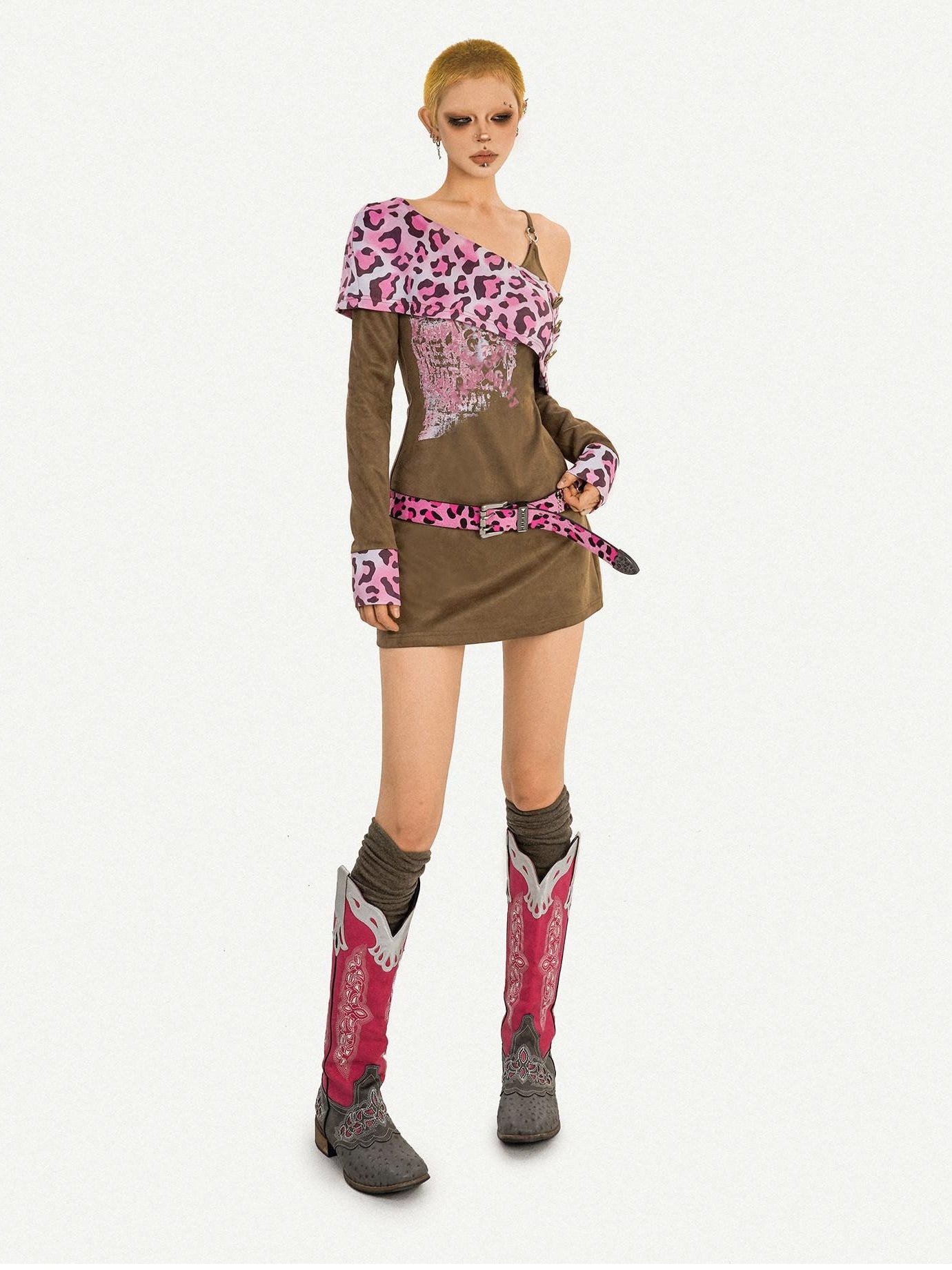 Nico Molly Spliced Faux Two Piece Slim Sexy A Line Long Sleeve Side Zip Women Mini Dresses